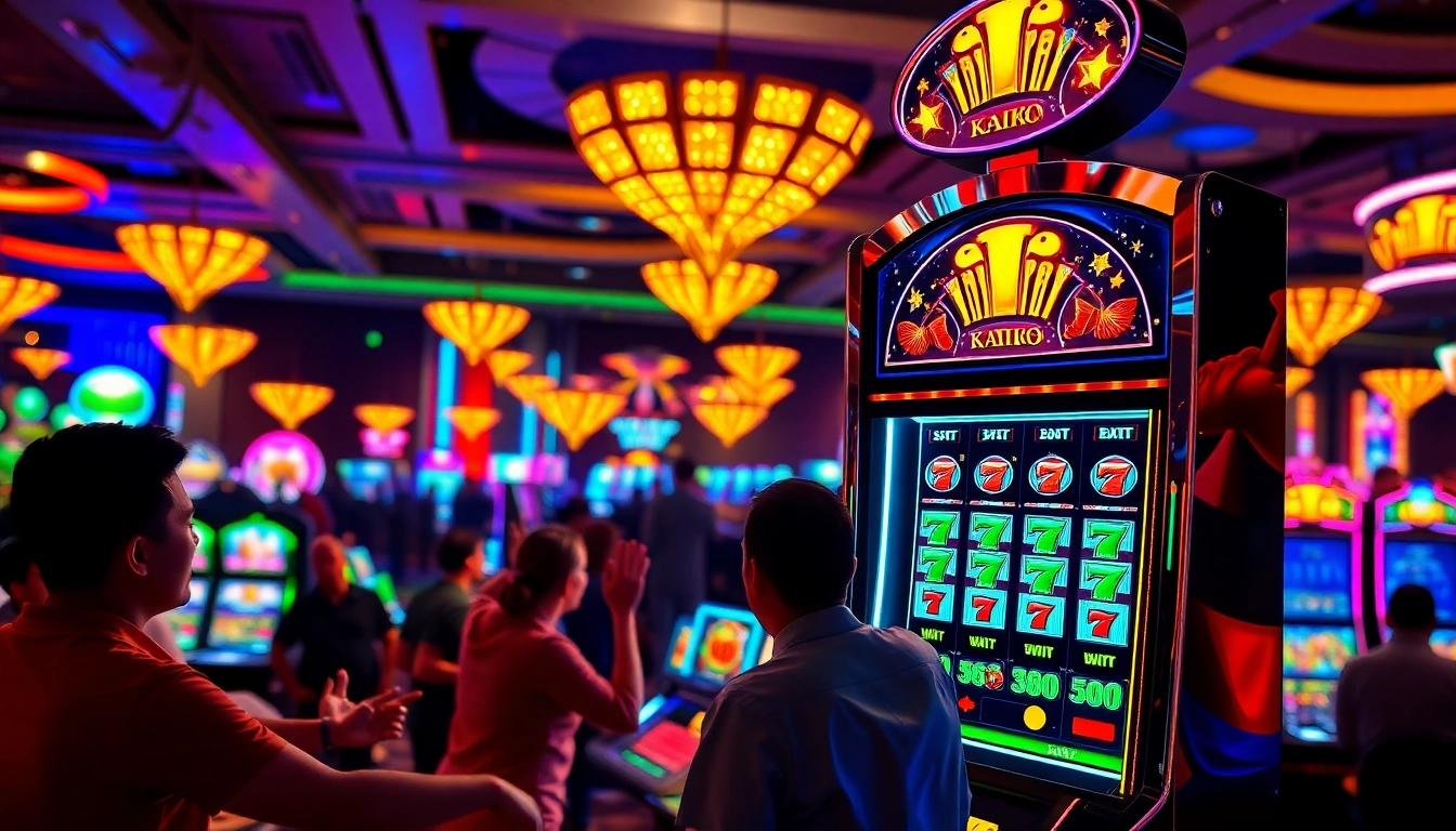 Mainkan kaiko slot dengan suasana kasino yang meriah dan para pemain yang antusias.