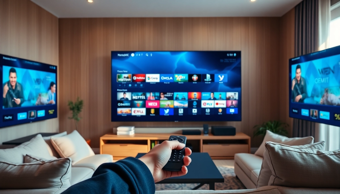 Obtenez le Code iptv gratuit sur plusieurs écrans dans un salon moderne, ambiance chaleureuse.