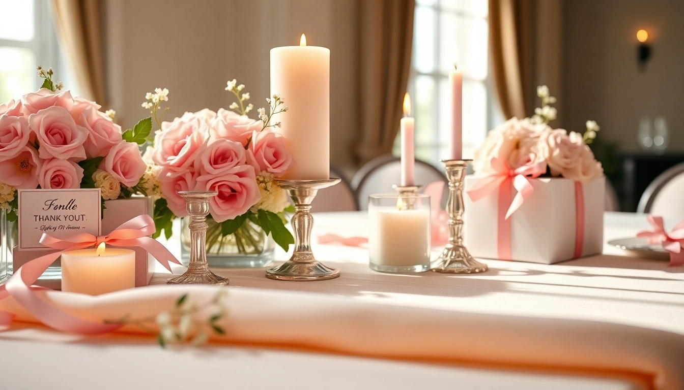 Podziękowania dla gości prezentowane w eleganckiej scenerii weselnej z upominkami.