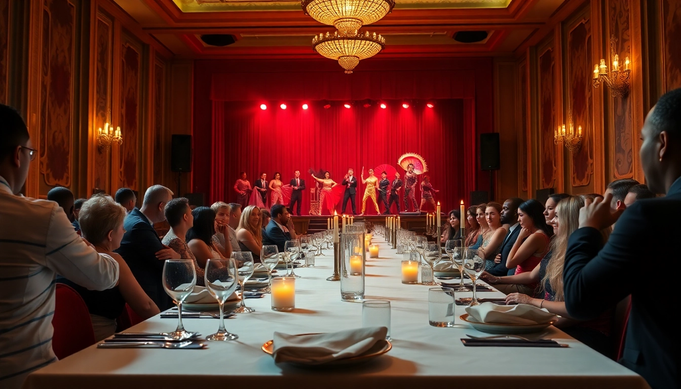 Experience thrilling las vegas dinner shows with vibrant performers and elegant dining atmosphere.