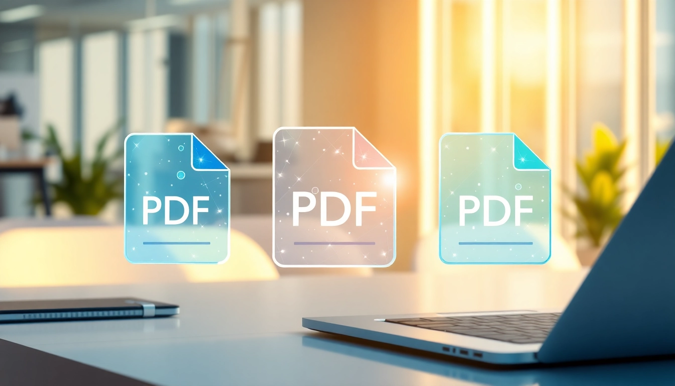 Merge PDF documents visually represented by converging file icons in a modern office.