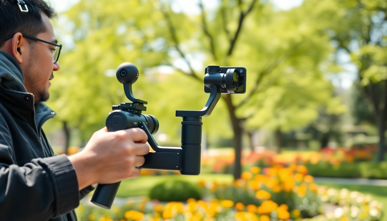 Videographer capturing dynamic footage using a handheld gimbal​ in a vibrant outdoor park.