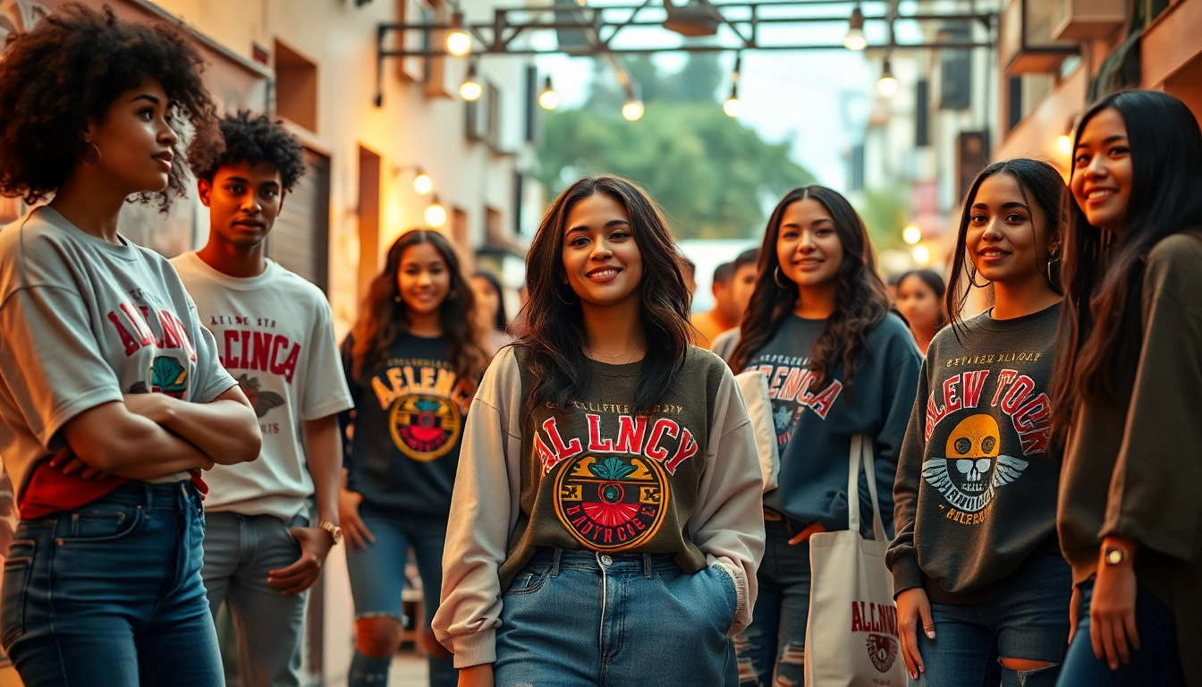 A Latina Clothing Brand featuring Latin clothing styles, showcasing trendy shirts and sweatshirts worn by diverse models.