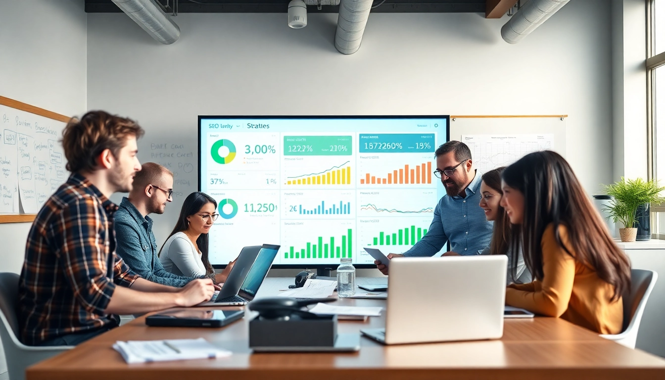 Engaging team of seo companies kansas city analyzing SEO strategy in a bright office setting.