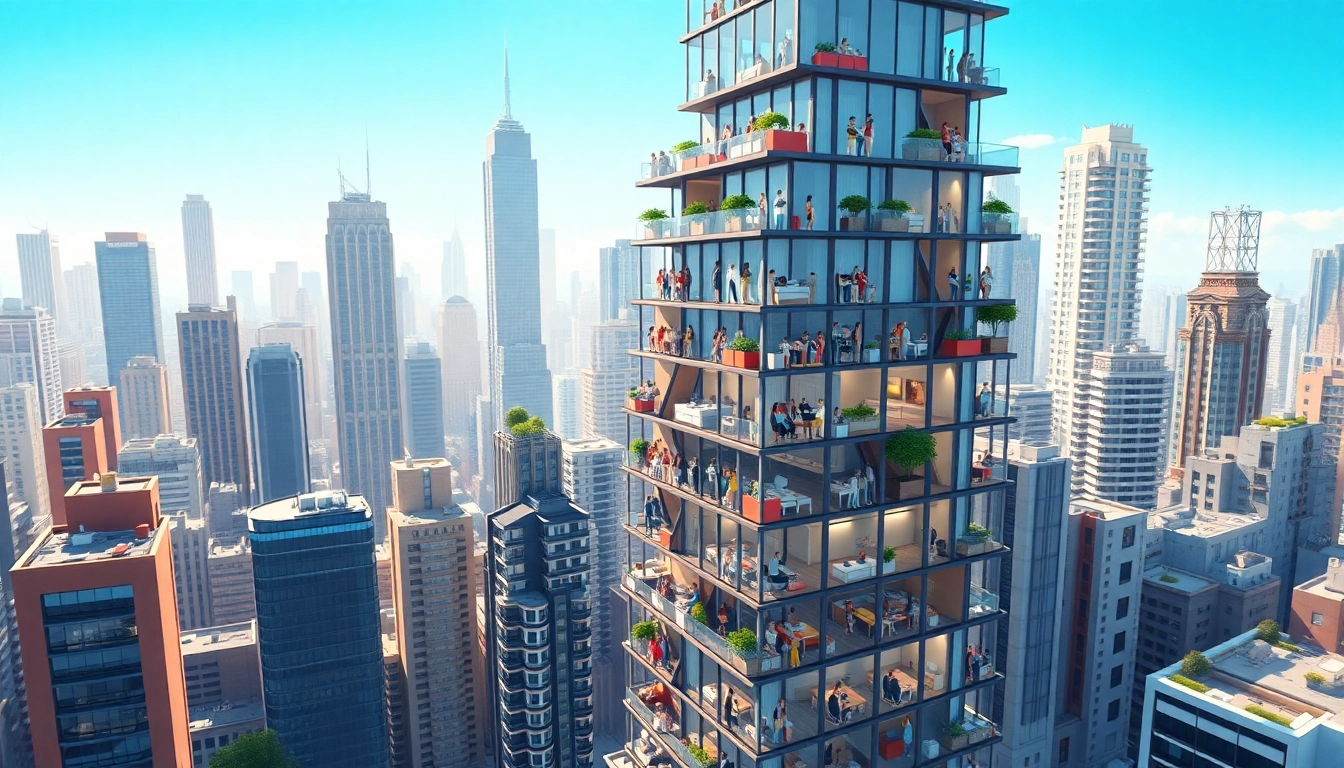 Engaging scene of residents interacting as they play sim tower game in a lively virtual city.