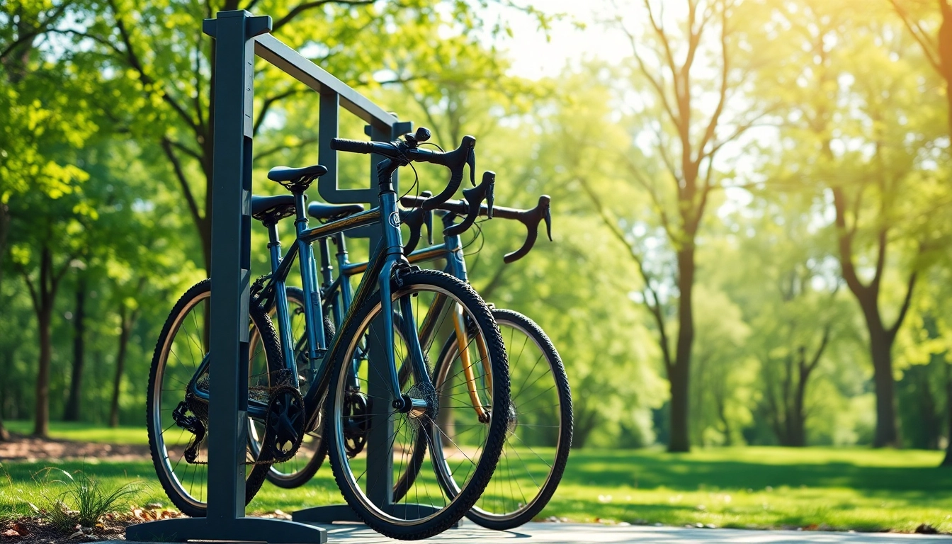 Showcase of a sturdy vertical bike rack displaying multiple bikes in a vibrant outdoor park.