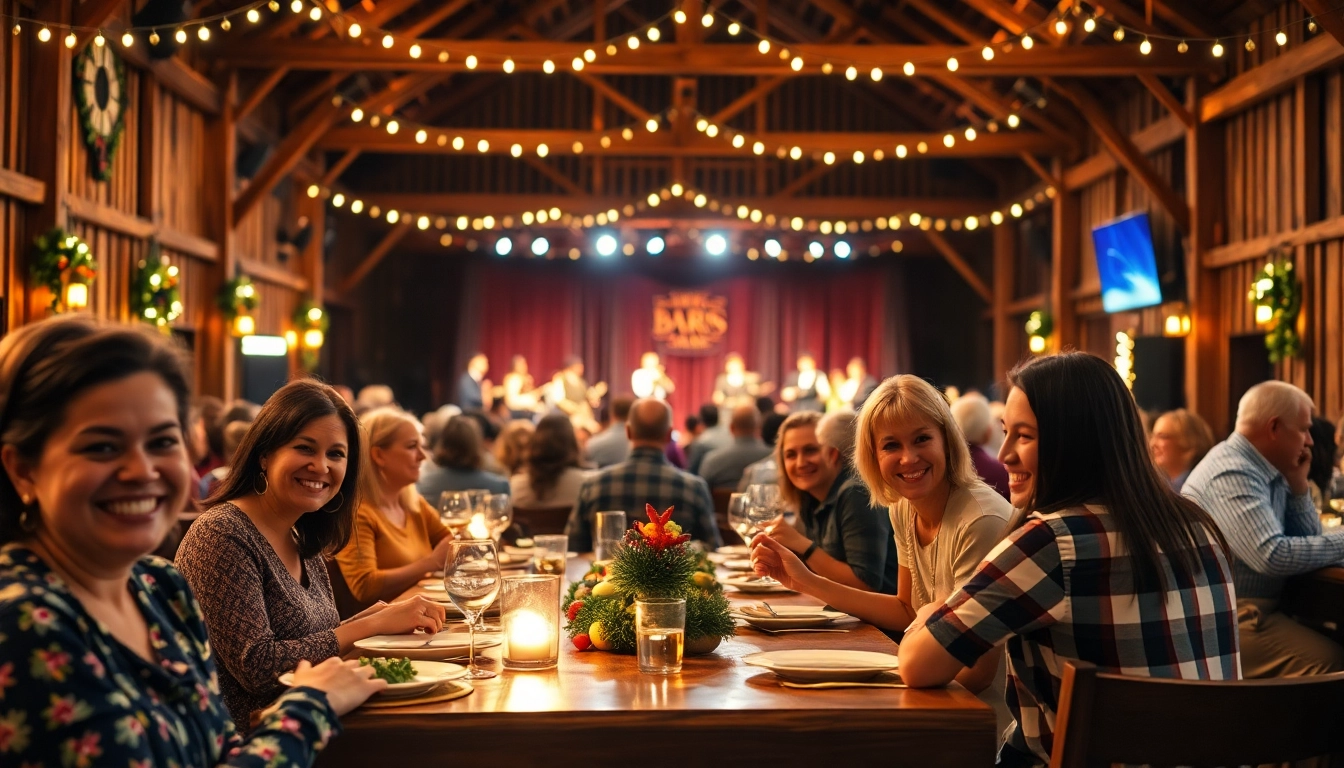 Engaging firelight barn photos of a lively dinner theater experience showcasing families enjoying a show.