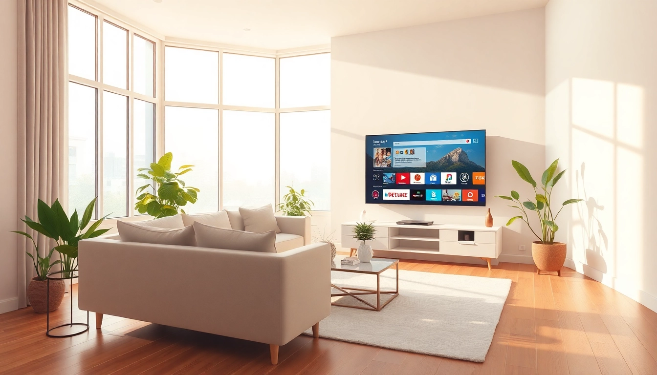 Regardez des programmes avec un abonnement iptv 12 mois smart tv dans un salon moderne et confortable.