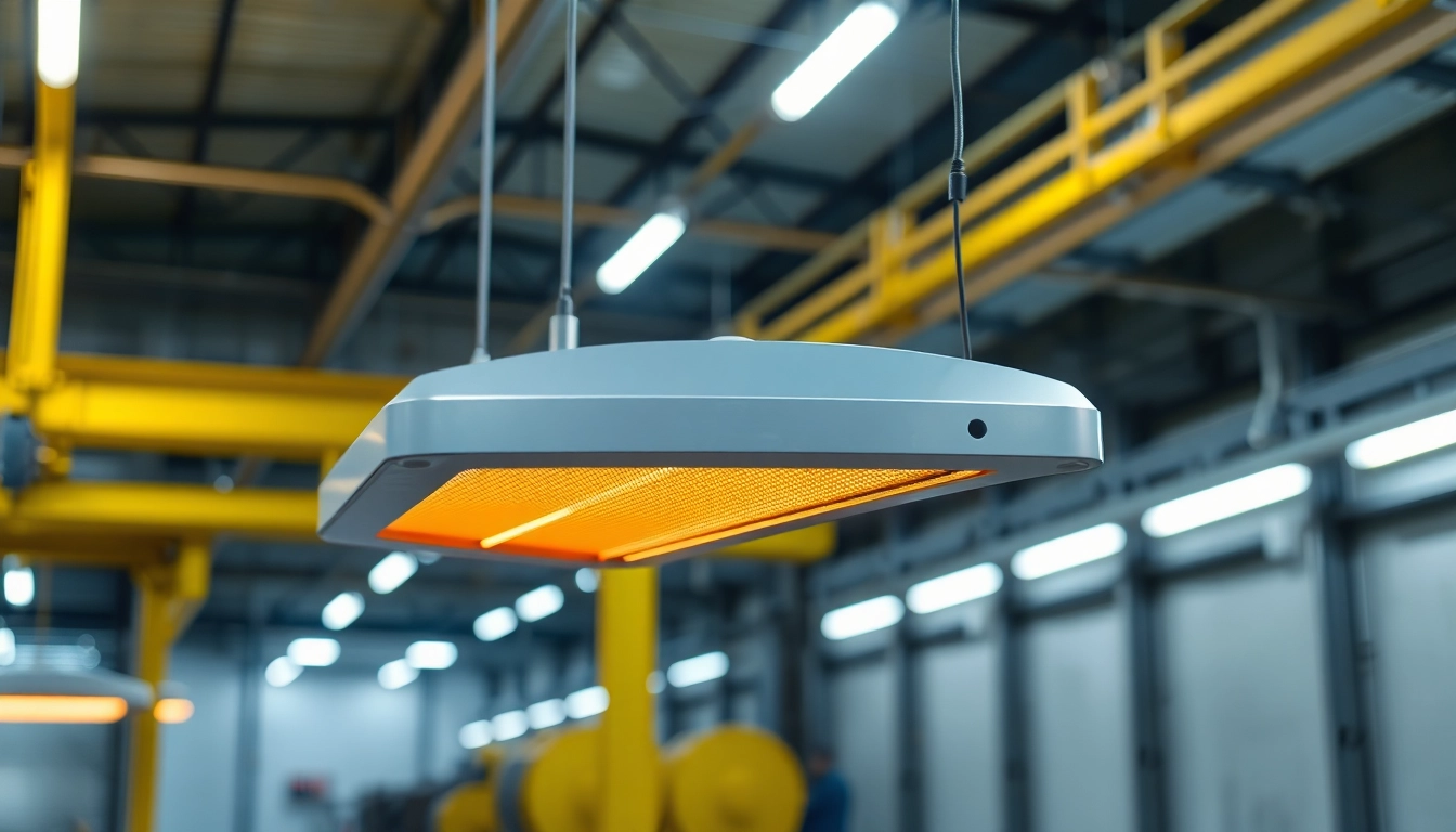 Infrared heating lamp showcasing energy efficiency and innovative design in an industrial setting.
