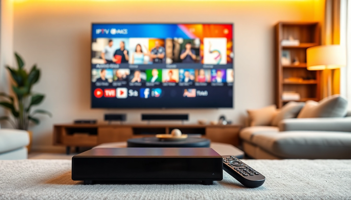 Comprar IPTV en una sala de estar moderna con un dispositivo de entretenimiento destacado.