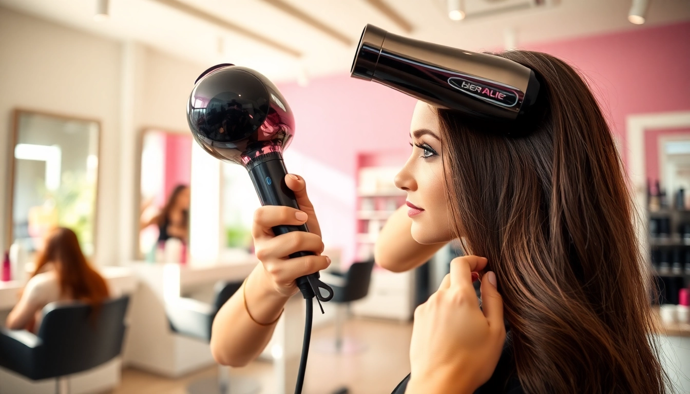 Stylist demonstrating the best blow dryer on a client's vibrant hair in a modern salon.
