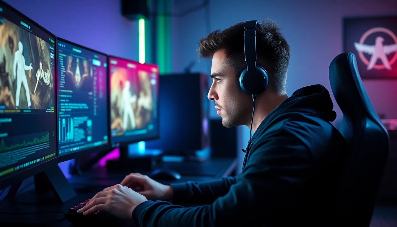 Engaged player using Undetected CS2 cheats on multiple screens in a vibrant gaming setup.