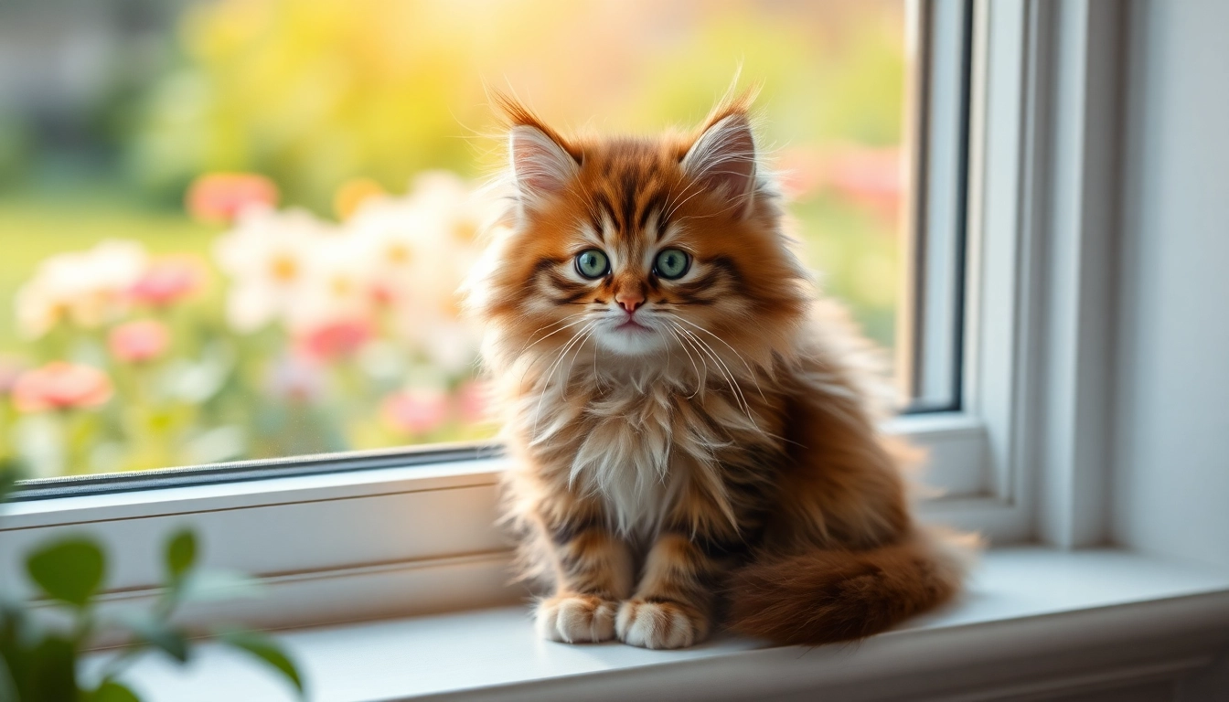Cuddle with Maine Coon kittens for sale on a sunny windowsill, showcasing their fluffy fur.