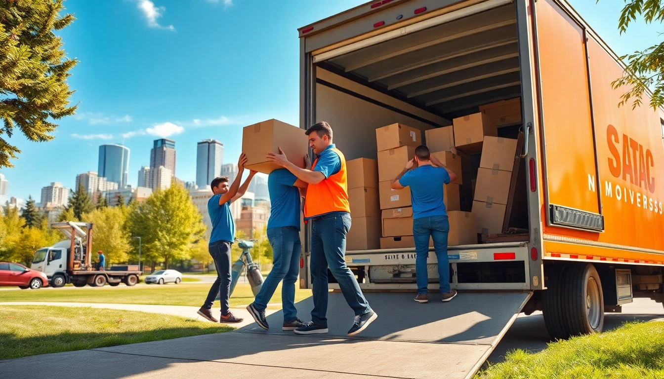 Movers Calgary carrying furniture efficiently into a moving truck in bright sunlight.
