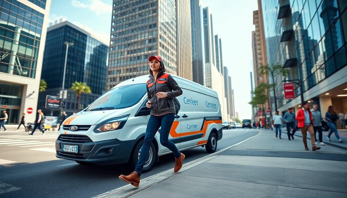 Delivering packages efficiently with professional courier services in a bustling cityscape.