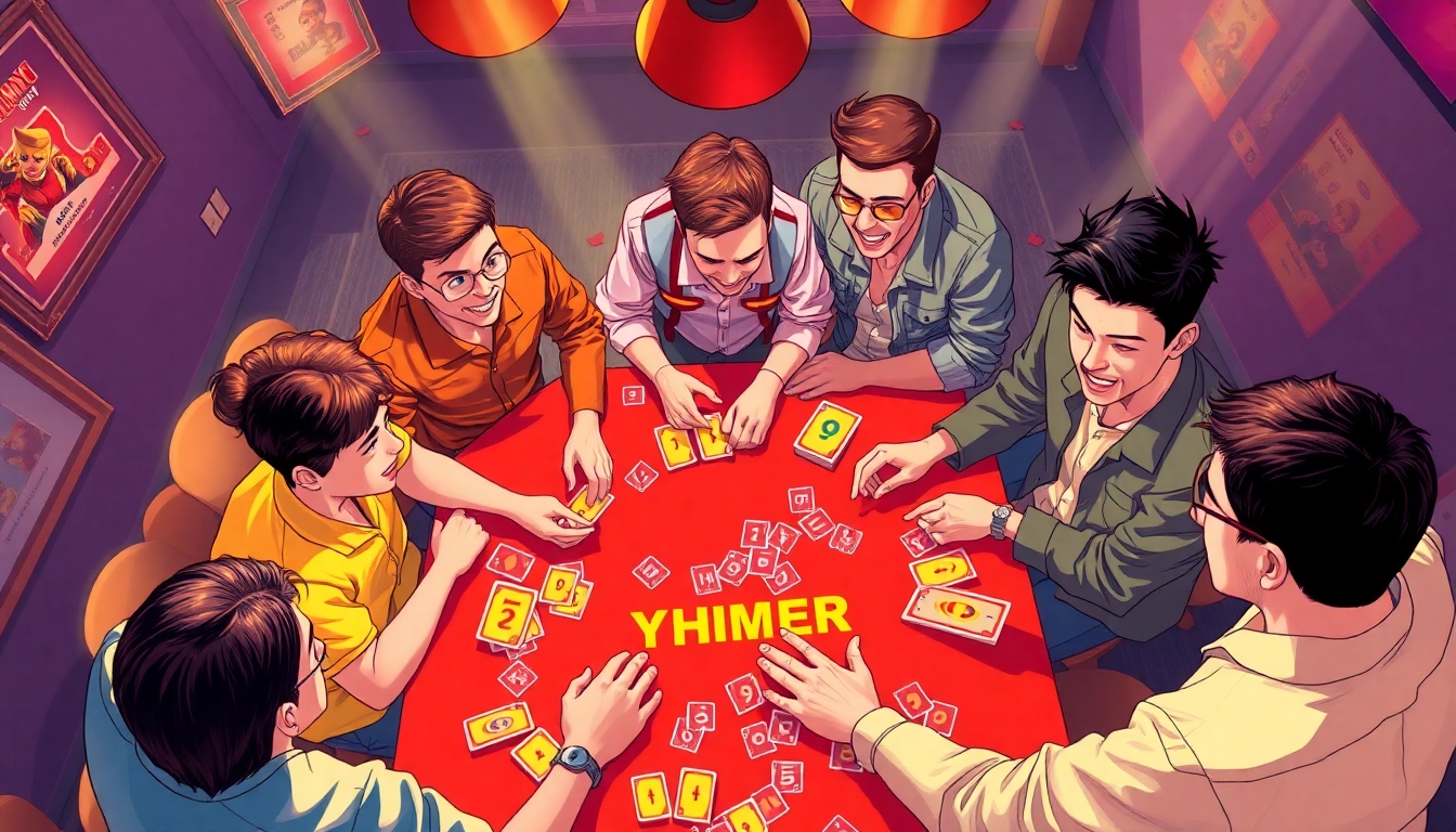 YONO RUMMY players enjoying an exciting game with colorful cards and chips in a vibrant setting.