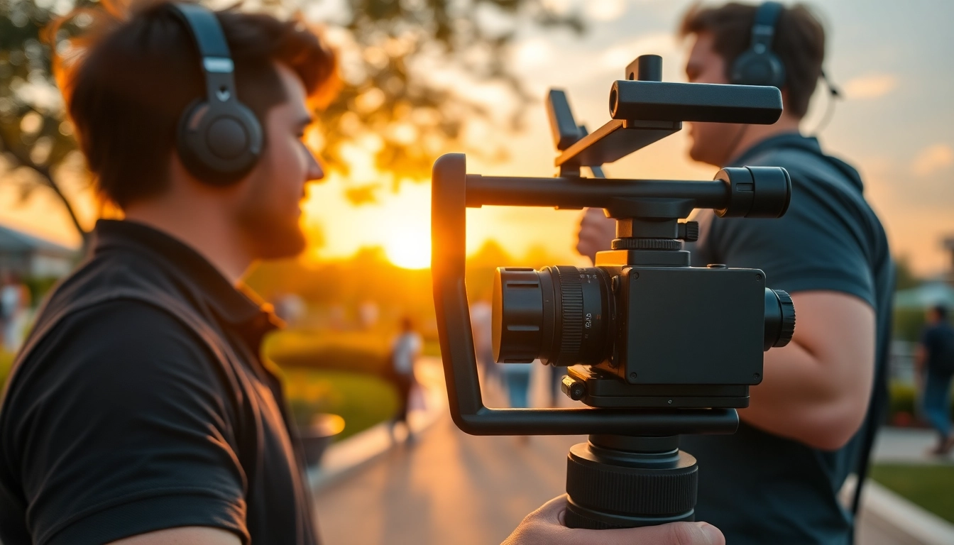 Videographer capturing a scene with a handheld gimbal​ for smooth video footage.