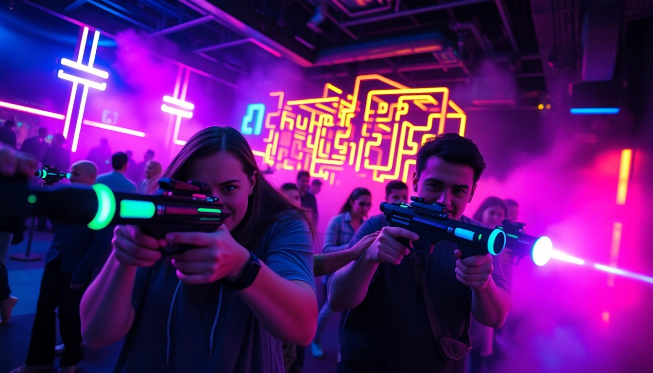 Laser tag players in an energetic arena with vibrant lights and strategic gameplay