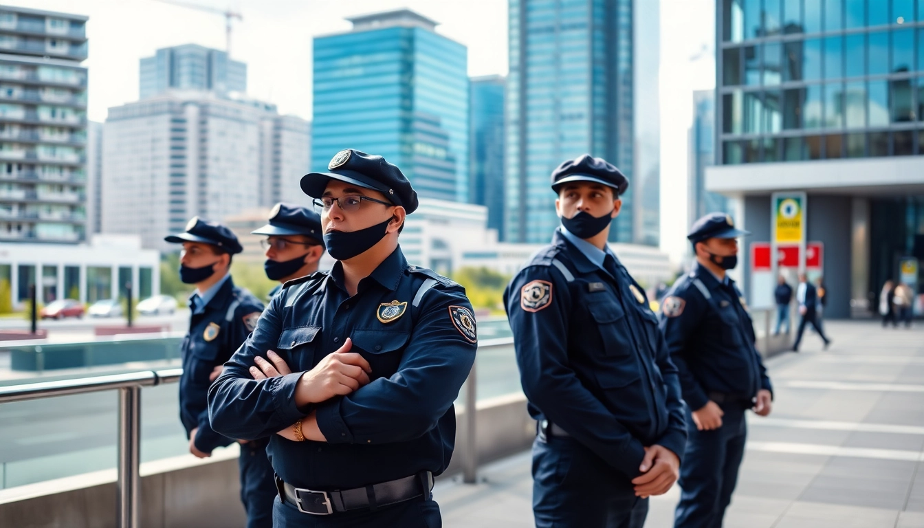 Security Guards Cardiff maintaining safety at an urban entrance while dressed in professional uniforms.