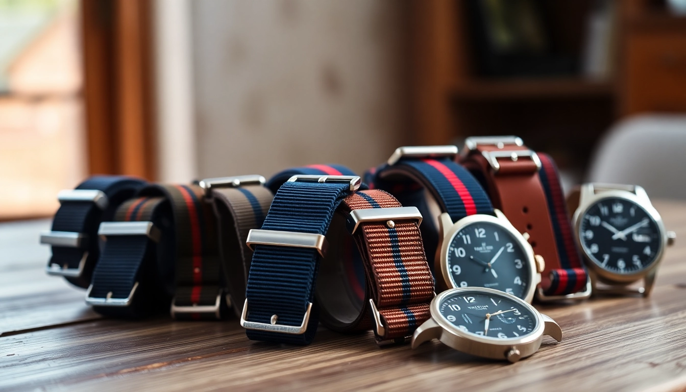 Showcasing NATO watch straps UK in various colors and styles on a wooden table.