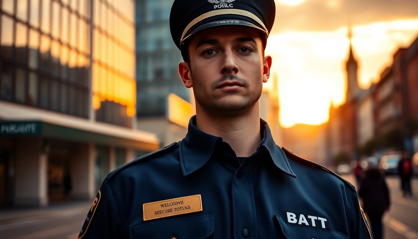 Security Guards Cardiff ensuring safety in a vibrant urban setting of Cardiff during golden hour.