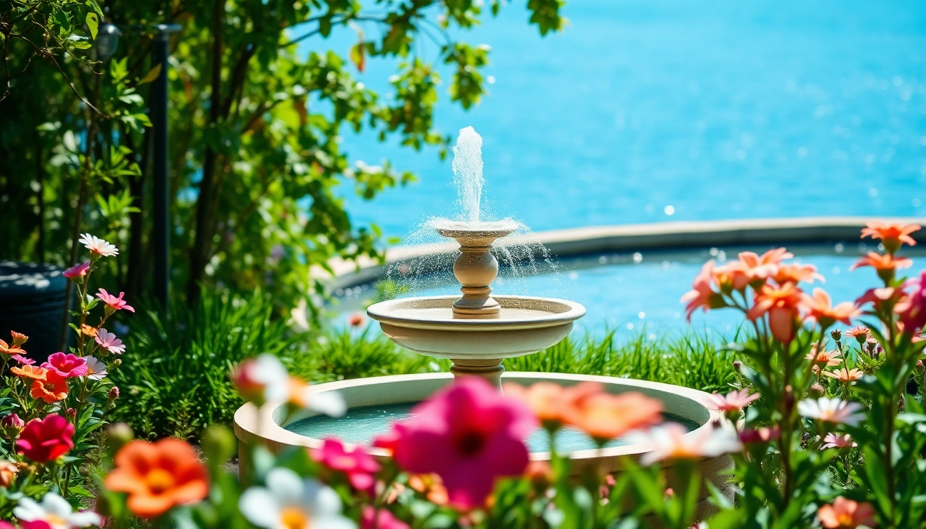 Décoration de fontaine dans un jardin magnifique avec plantes et eau scintillante.