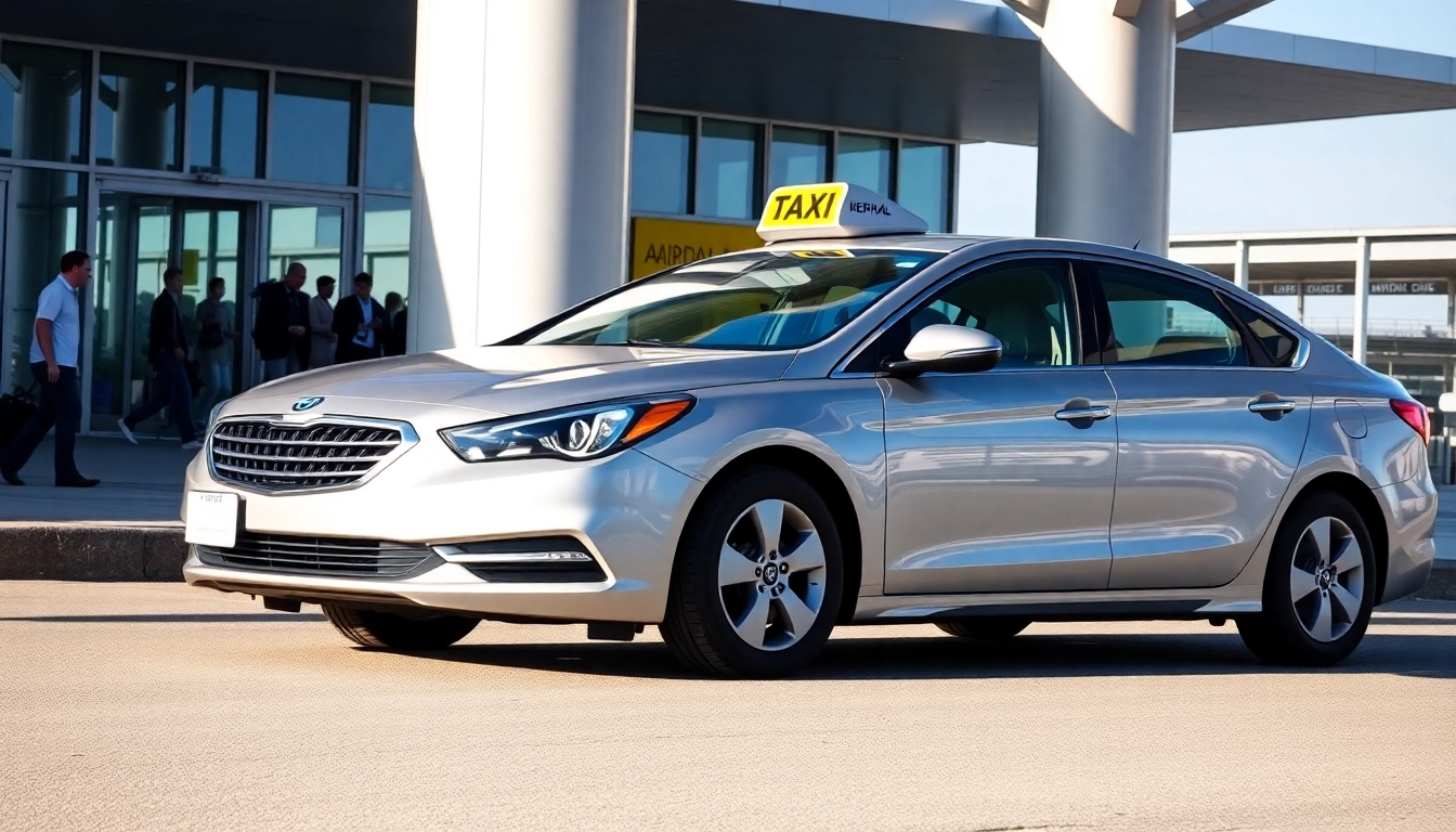 Airport taxi near Halifax offering comfortable rides to travelers, parked at the airport terminal.