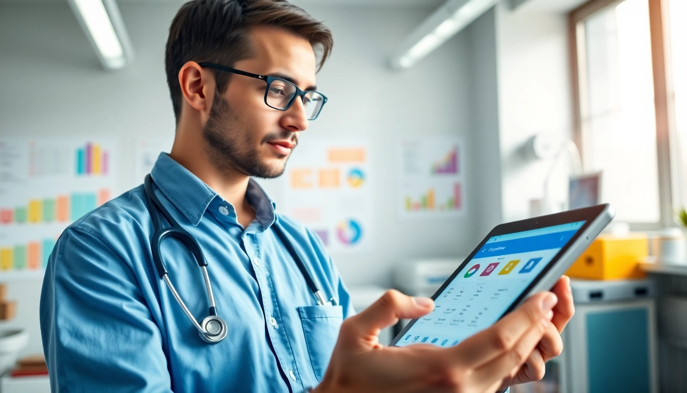 Analyze top rated prescription applications with a healthcare professional in a modern office.
