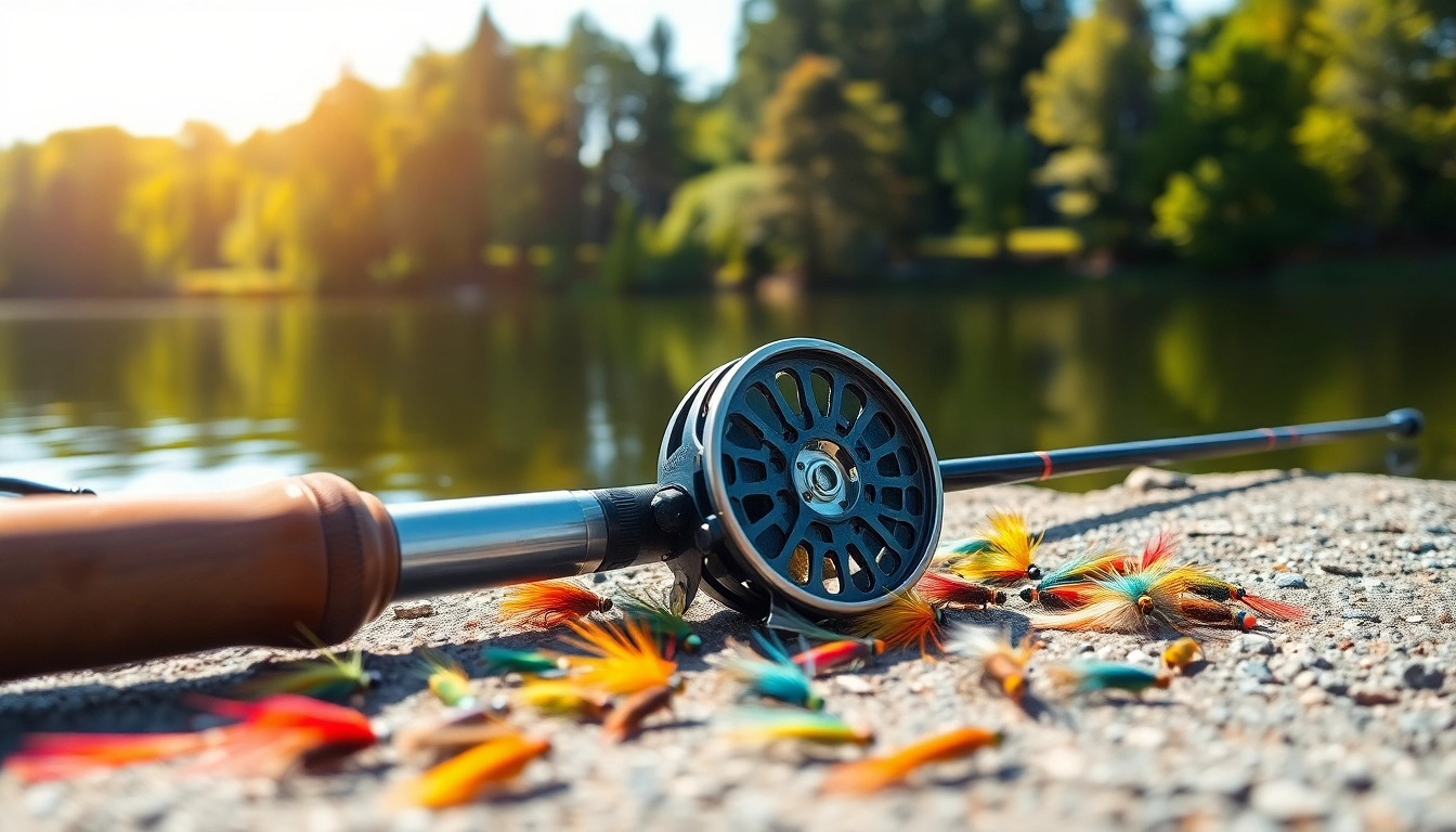 Showcase a premium fly fishing combo in a scenic lakeside environment.