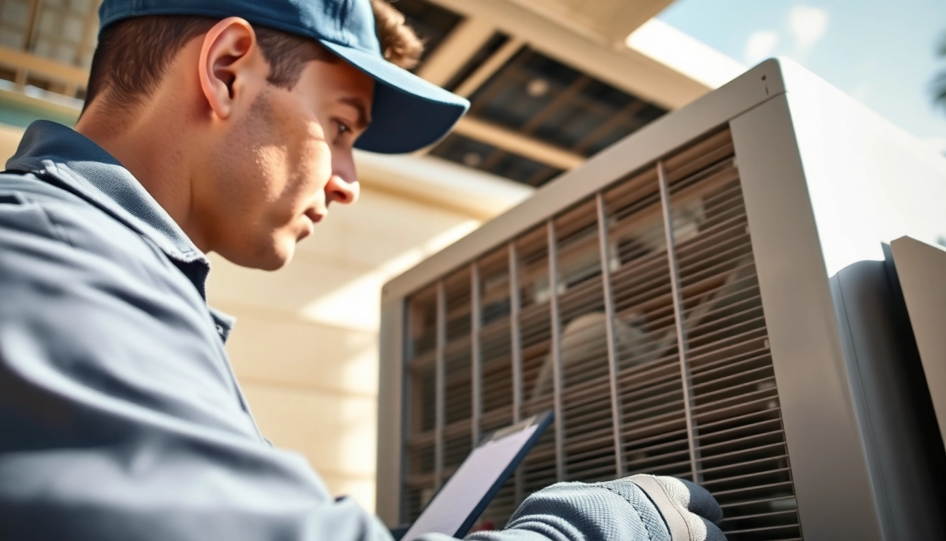 Expert in ac repair glendale az examining an air conditioning unit at a home.