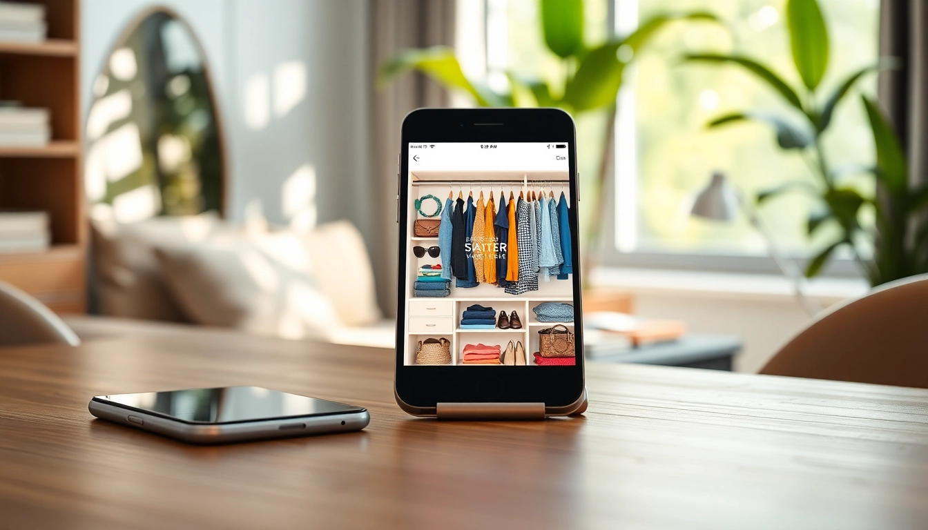 Showcasing the best closet app interface, vibrant clothing organization on mobile device.