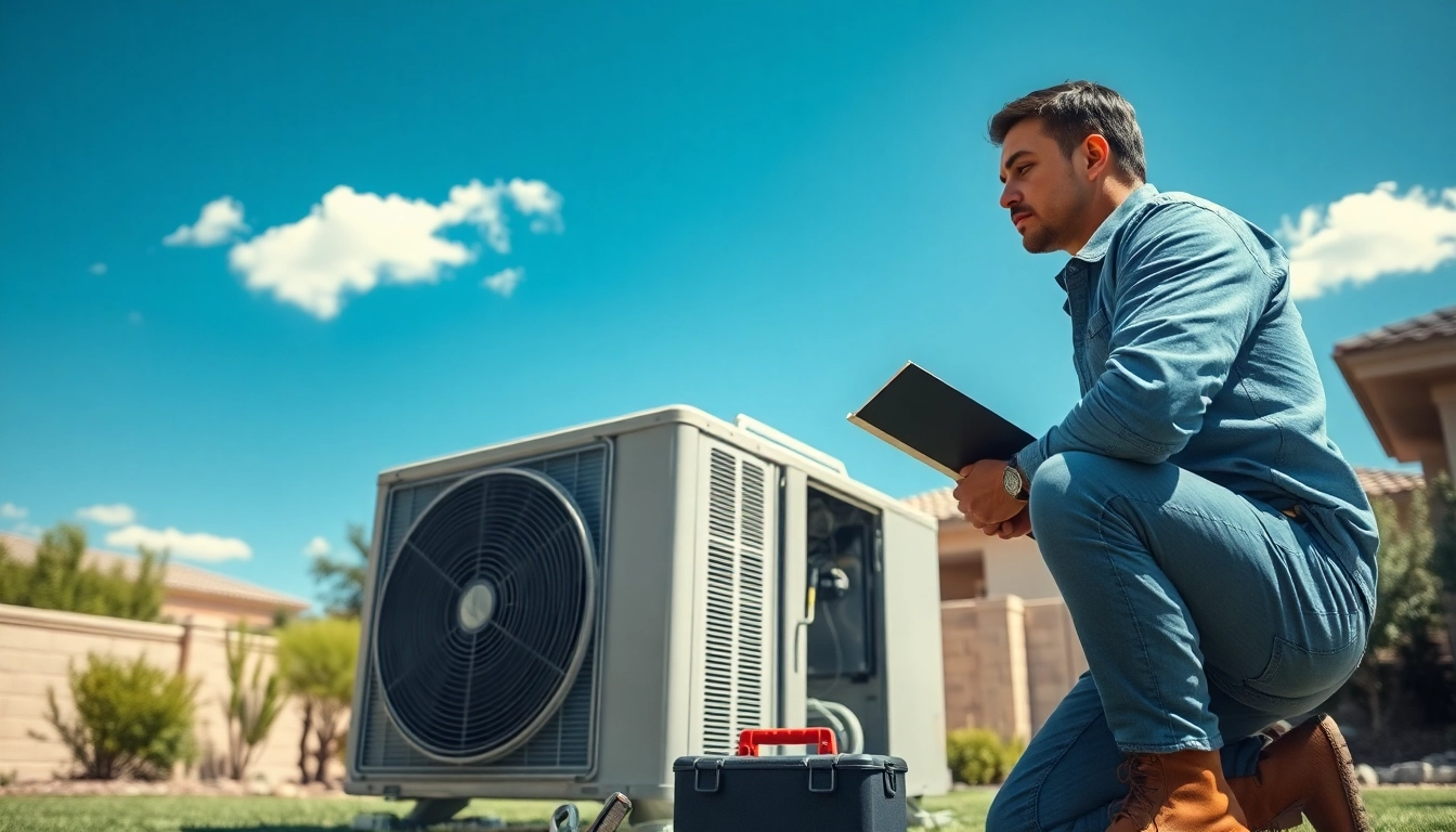 Technician servicing scottsdale ac unit in a sunny Arizona backyard with tools and equipment.