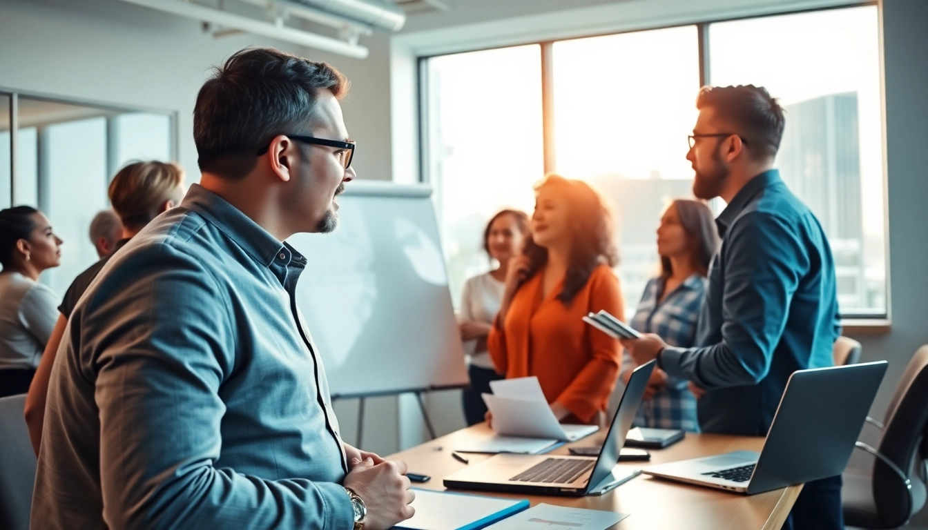 Engaging business coaching service in a modern office with a coach and attentive clients.