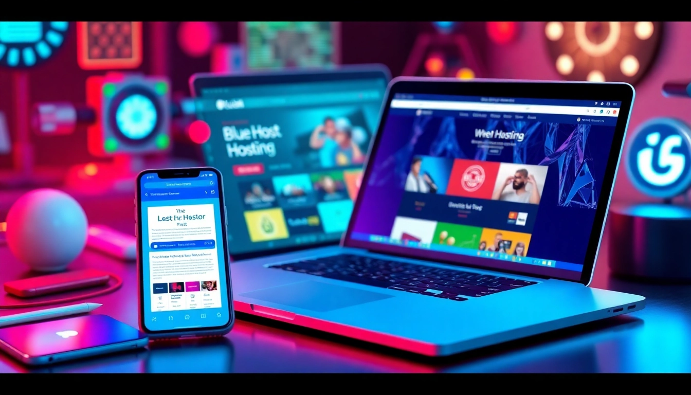 Showcasing Bluehost's web hosting capabilities with a laptop and smartphone in a vibrant tech environment.