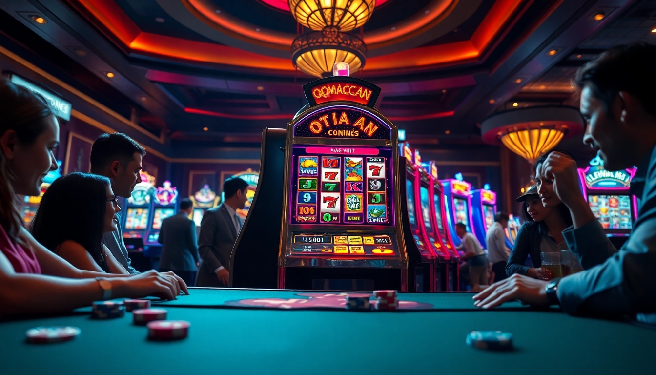 Permainan qqmacan slot menampilkan pemain yang bersemangat di kasino.