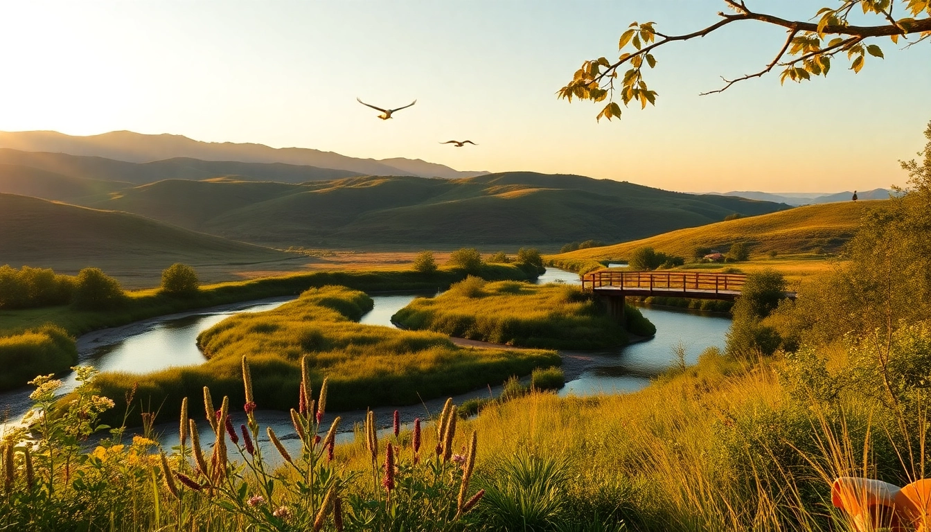 Clarksburg's tranquil rolling hills and serene river during golden hour, highlighting the natural landscape.