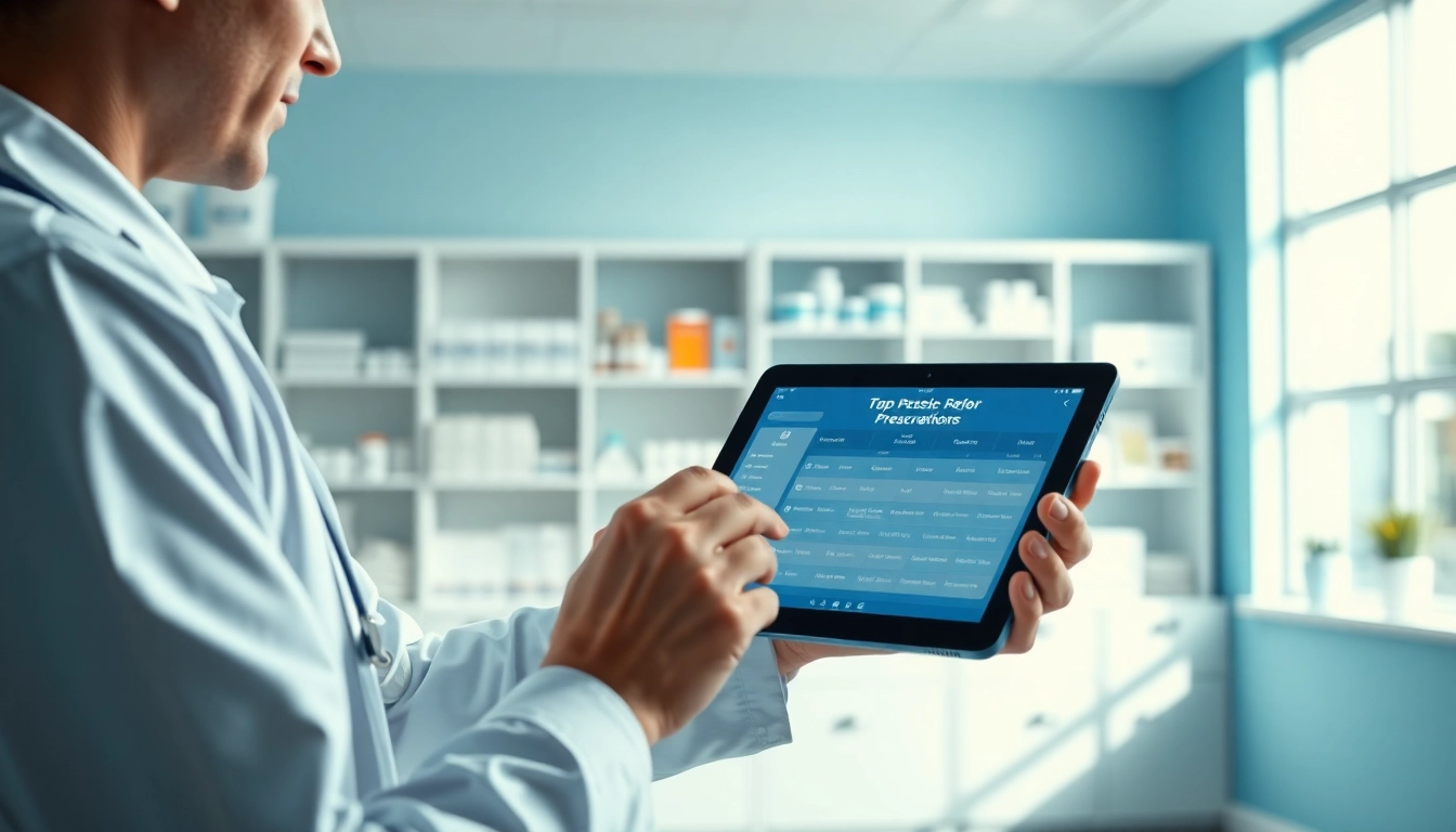 Healthcare practitioner using top rated prescription applications in a bright clinic setting.