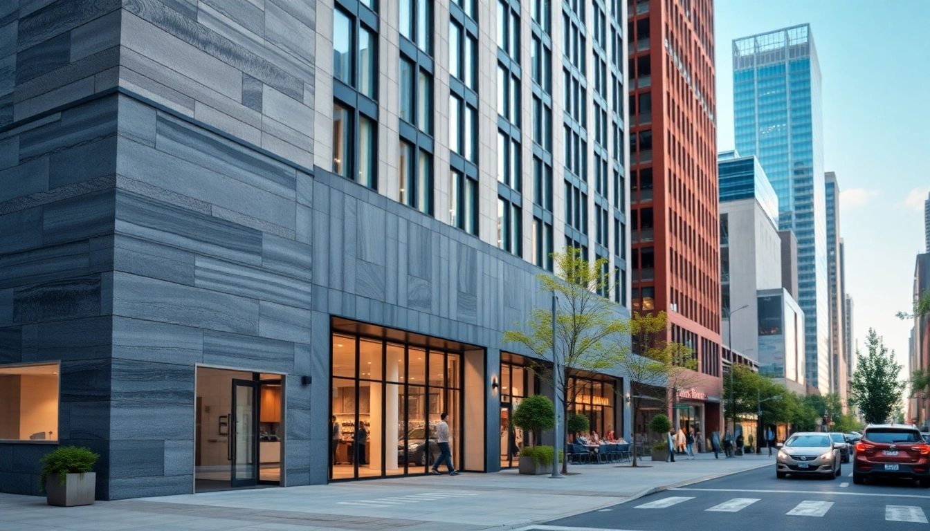 Visualisierung Architektur eines modernen Gebäudes in urbaner Umgebung mit lebhaften Details.